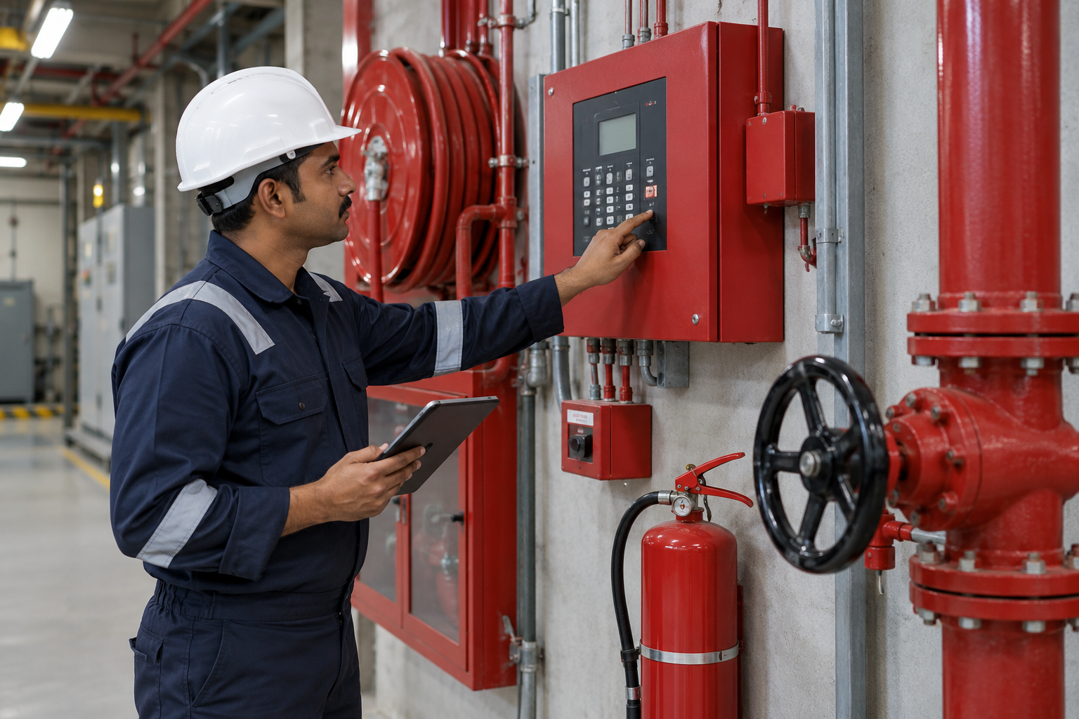 Fire safety technician executing and checking a fire protection installation