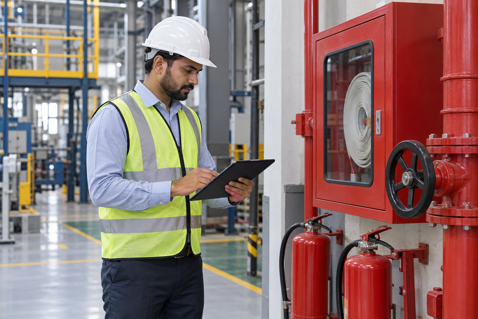Fire safety professional reviewing testing and commissioning documentation