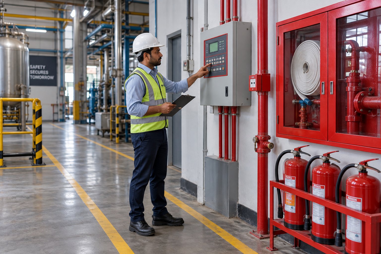 Technician inspecting fire safety controls in an industrial facility