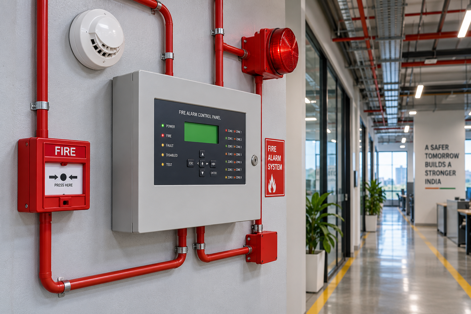 Fire detection panel, manual call point and smoke detector