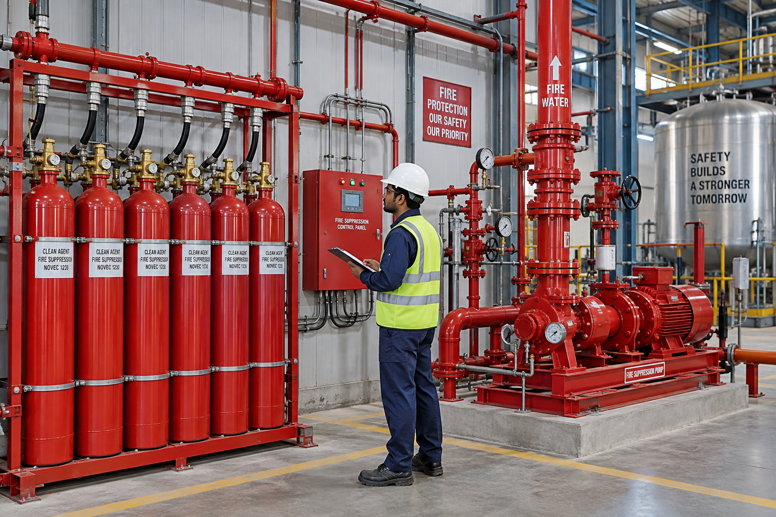 Installed industrial fire suppression pipework and valves