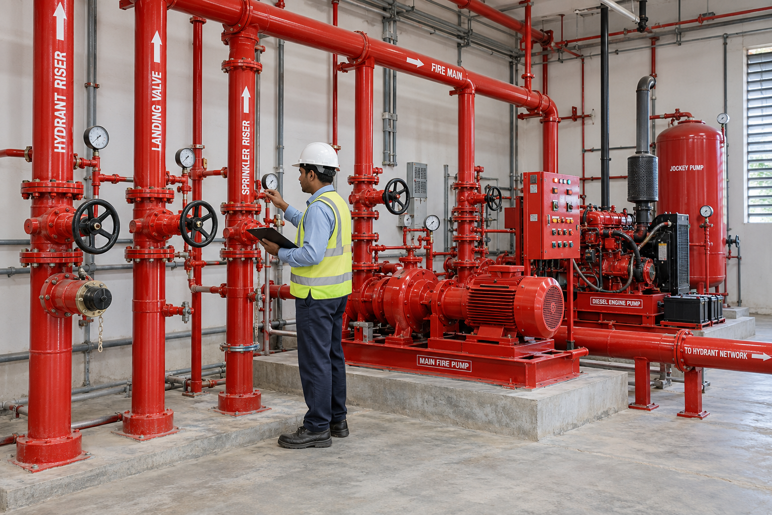 Technician working on an industrial hydrant and riser system