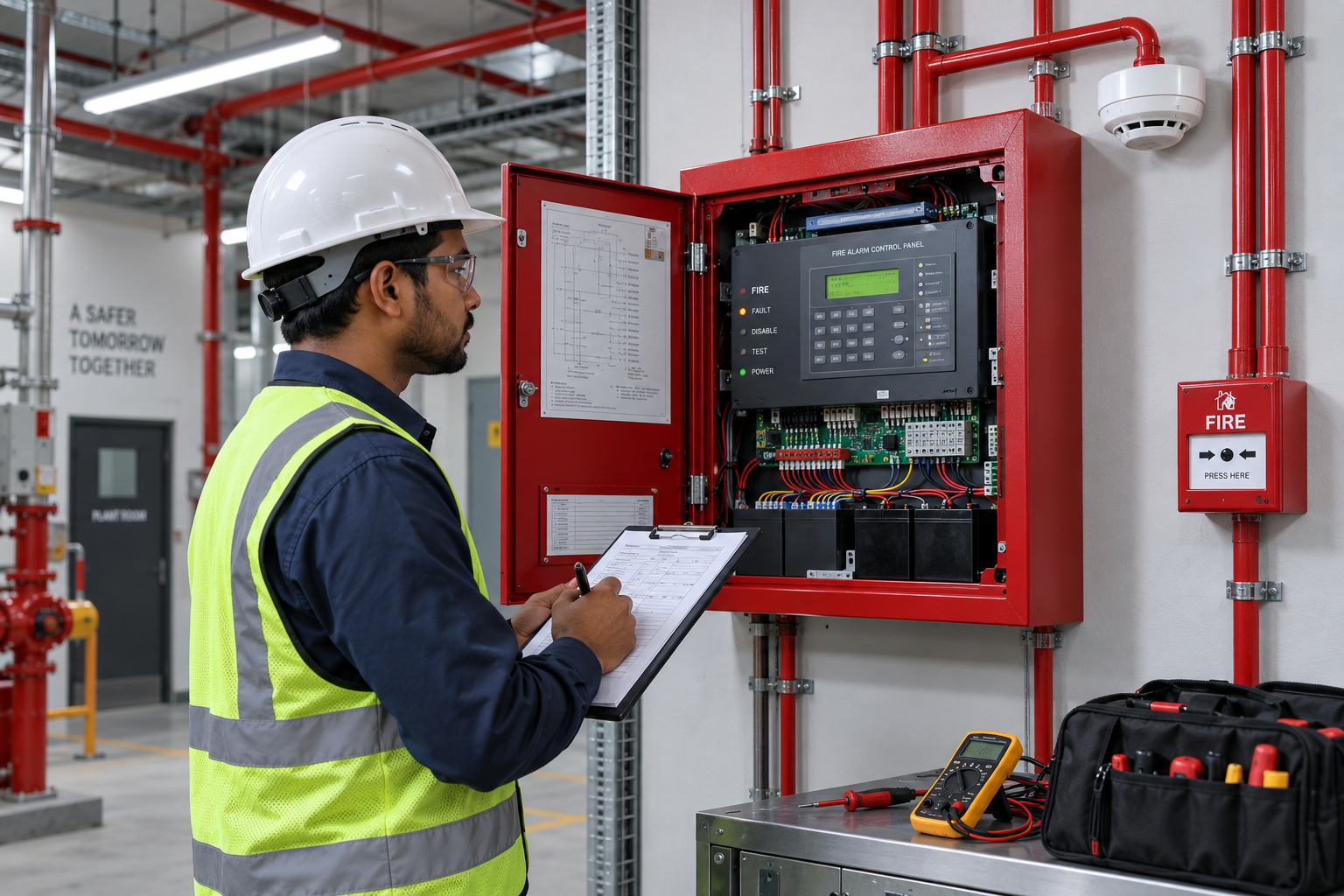 Fire safety testing and commissioning work at an alarm panel